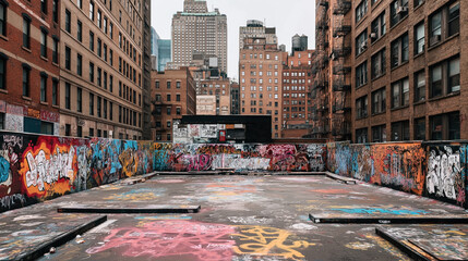 Naklejka premium Urban rooftop space surrounded by brick buildings featuring colorful graffiti on walls and concrete surfaces, set against a backdrop of high-rise structures.