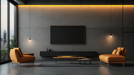 Modern minimalist living room with orange sofas, black television, pendant lights, and city view through large windows. Features concrete walls and a stylish wooden coffee table.