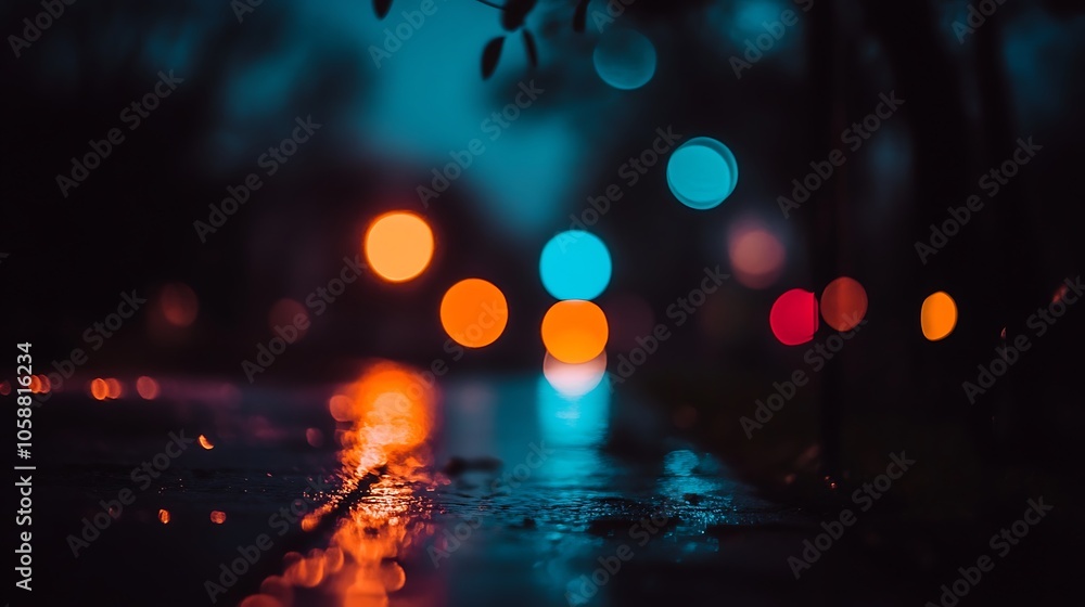 Poster blurred lights reflection on wet pavement simple neutral background with free space for design
