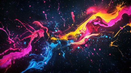Chaotic splashes of neon paint over a dark background, creating an intense and high-energy abstract composition