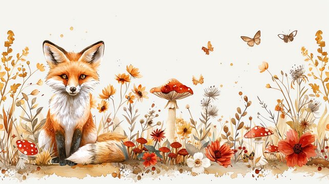 A cute fox sitting in a field of flowers and mushrooms with butterflies flying overhead.