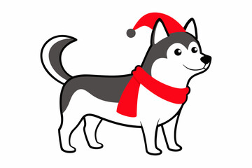 Vector Outline of A cute Husky wearing a Santa clause hat and scarf on white background.