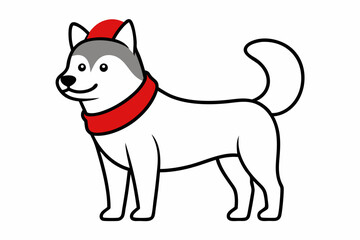 Vector Outline of A cute Husky wearing a Santa clause hat and scarf on white background.