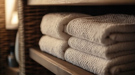 A top-down view of a towel folded neatly on a bathroom shelf, with a subtle texture visible. The focus is on the weave and the color of the towel.