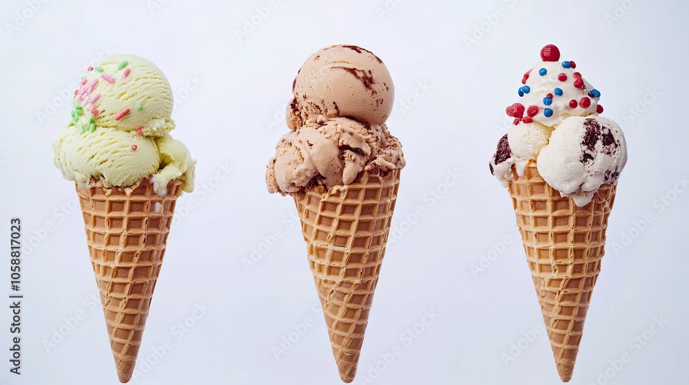 Poster delicious ice cream waffle cones with colorful toppings on display generative ai