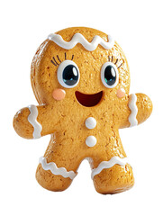 Obraz premium A cute 3d cartoon gingerbread man smiles on a white background. Christmas theme.