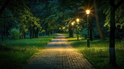 Obraz premium Path Lights. Night Park Landscape with Illuminated Footpath and Green Grass