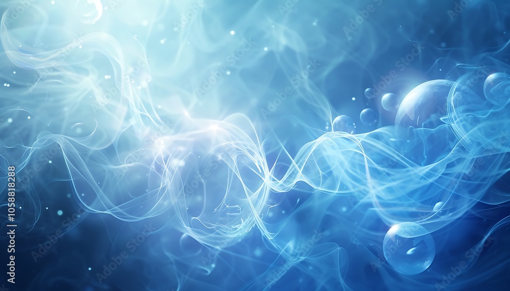 Poster a serene blue abstract background featuring soft waves and bubbles, evoking a sense of calm and tran