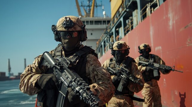 A maritime security team aboard a cargo ship, prepared to defend against potential pirate attacks
