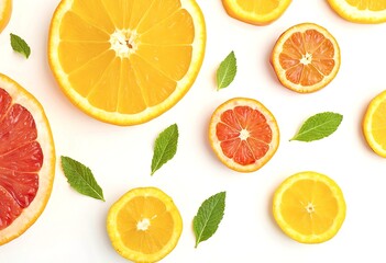 Fototapeta premium Sliced citrus fruits including orange and grapefruit, with mint leaves, on a white background