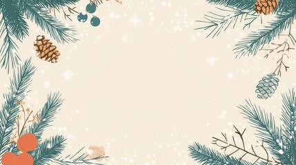 Christmas greeting card featuring a festive border with ample space for text Seasonal background with fir branches snow and pine cones in a minimalist flat layout