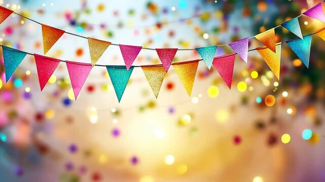A colorful banner with flags hanging from it. The banner is bright and cheerful, and it seems to be celebrating a special occasion