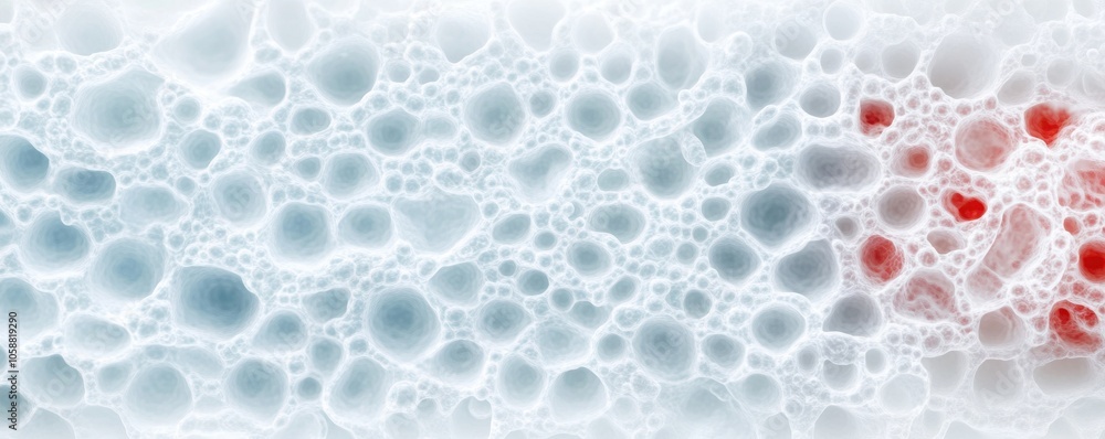 Poster an abstract image featuring bubbles of varying sizes, with a soft color palette of white, blue, and 