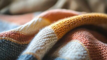Fototapeta premium A close-up shot of a blanket's edge, capturing the hem stitching and fabric texture, with a hint of the rest of the blanket blurred in the background.