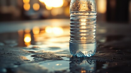 A low-angle view of a water bottle placed on the ground, showing the base and the light refracting through the liquid inside. The background is softly blurred.
