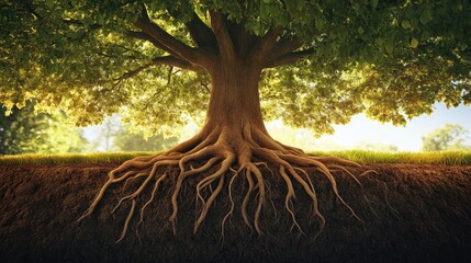 The image features a robust tree with deeply anchored roots highlighting the strength and stability of its foundation in the soil