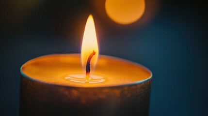Close-up of a candle flame, detailed wick in sharp focus, dark background, concept of light and warmth, simple yet striking, slow and calming