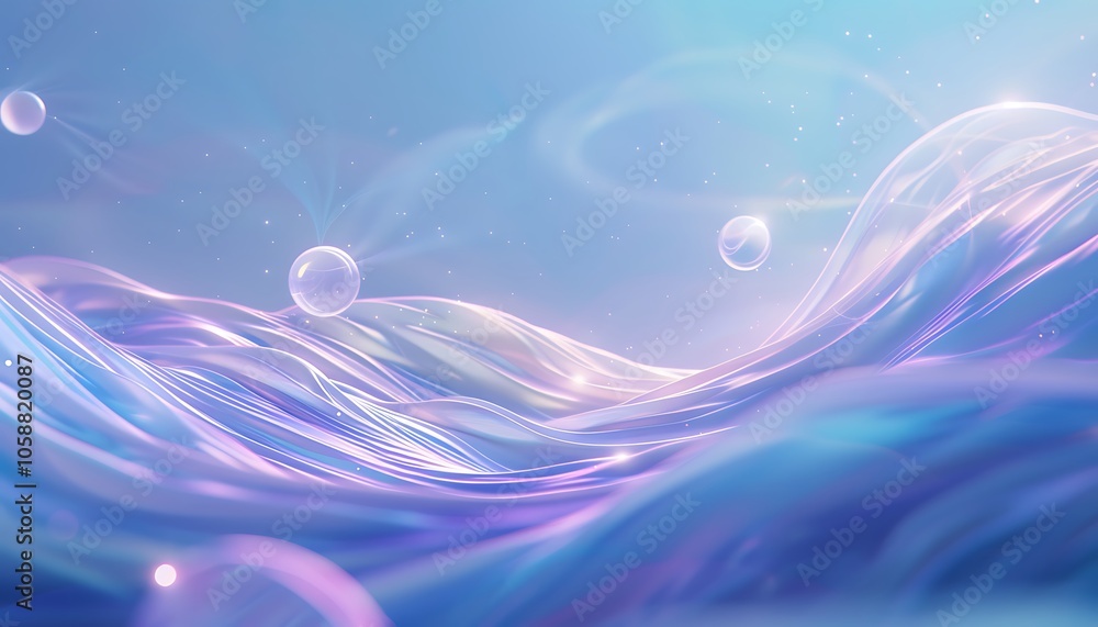 Poster a serene digital landscape featuring gentle waves with a mesmerizing blend of pastel colors and bubb