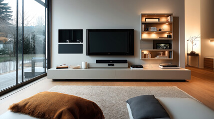 Modern living room interior with large window, mounted television, shelves with books, decorative items, and cozy furniture, including a warm blanket and a cushioned seat.