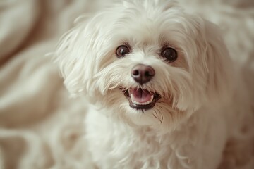 Small white dog on bed