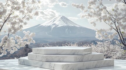 Majestic Mount Fuji rising amidst a serene and mystical Japanese landscape framed by the delicate beauty of ethereal cherry blossoms in full bloom