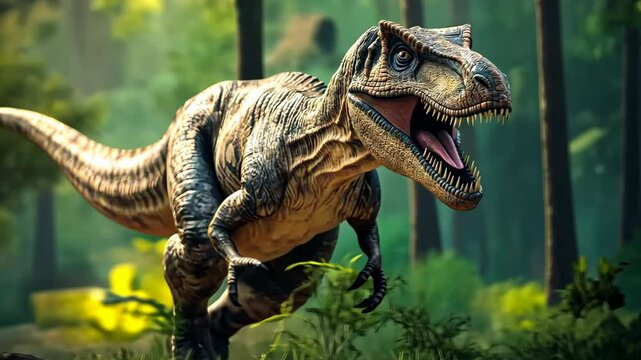 A large T-Rex is running through a forest