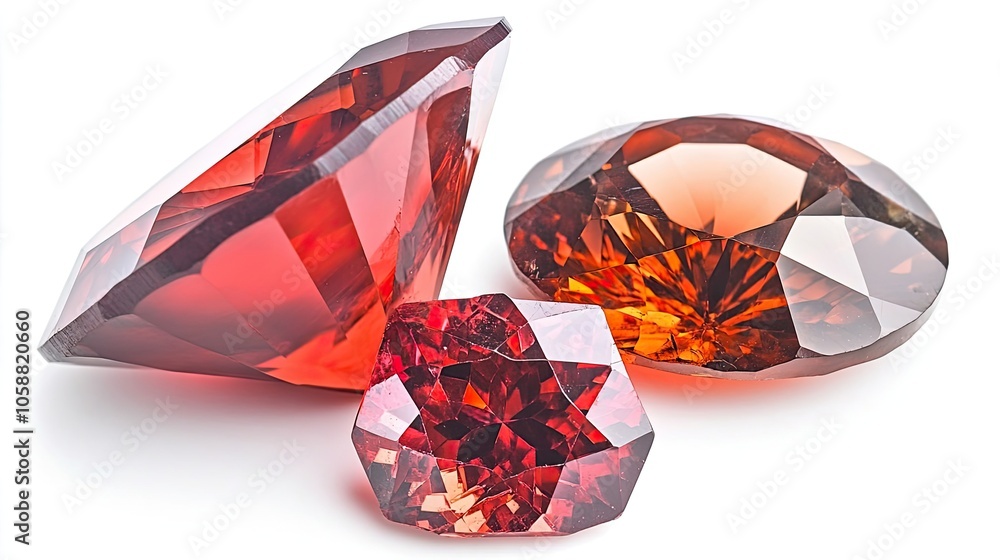Poster vibrant red gemstones in various cuts displayed on white background generative ai