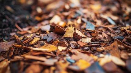 A macro photograph of the mulch's surface, focusing on the material and any decomposition, with the surrounding area softly blurred.