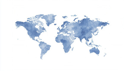 A watercolor map of the world in soft blue tones, displaying continents and oceans with artistic flair.