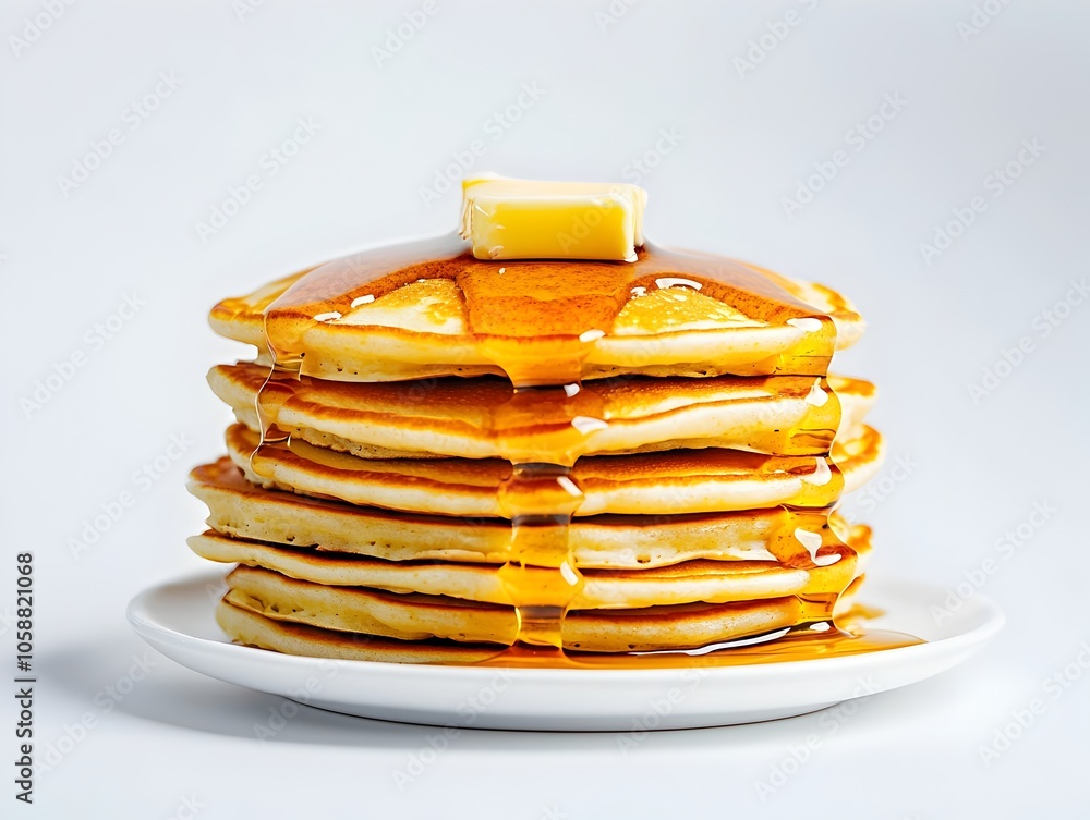 Poster a stack of fluffy pancakes dripping with syrup and butter on a minimalist white background