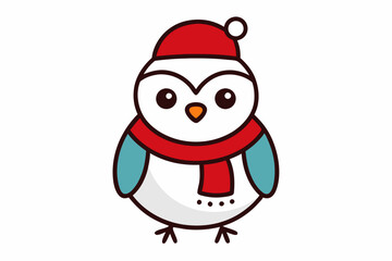  Vector Outline of A cute Snowy Owl wearing a Santa clause hat and scarf on white background.