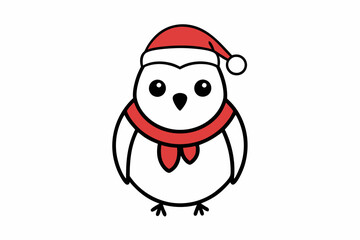  Vector Outline of A cute Snowy Owl wearing a Santa clause hat and scarf on white background.