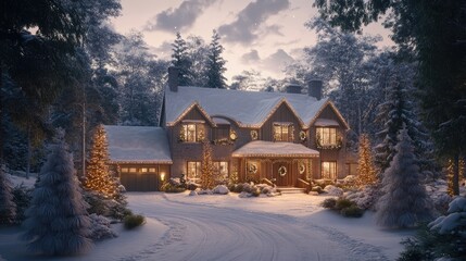 Cozy Winter Home with Holiday Lights and Snow