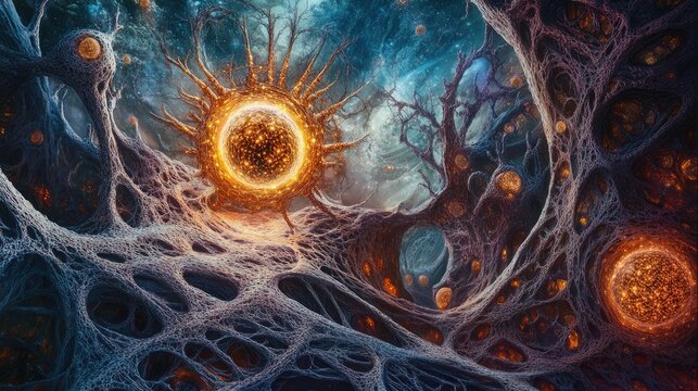 Pulsating synapses and vibrant tendrils create a textured surface depicting an artificial intelligence lifeform in a surreal alien landscape