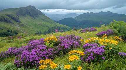 Obraz premium Purple and Yellow Flowers in a Mountain Valley