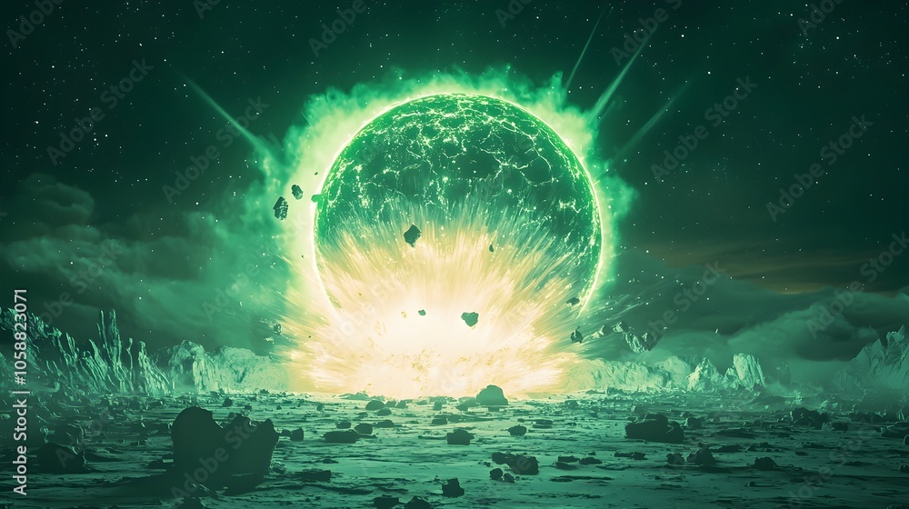 Aufkleber glowing alien bomb exploding on barren planet with neon green distorting atmosphere