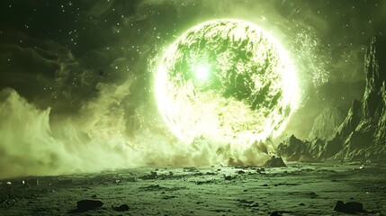 Fototapeta premium Glowing Alien Bomb Explosion Distorting Barren Planet s Atmosphere in Neon Green Light