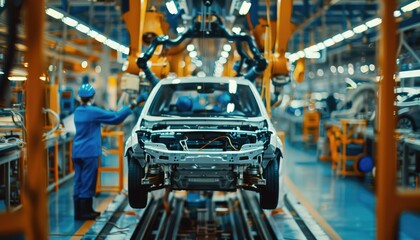 Naklejka premium Car Undergoing Assembly on a Factory Conveyor Belt