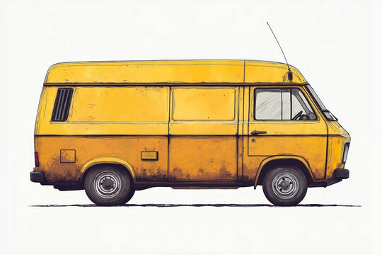 A yellow van with a black roof and a black stripe on the side