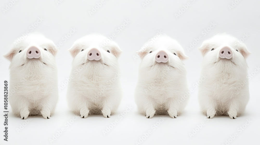 Poster four small white pigs sitting in a row on a light background generative ai