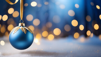 Una bola de navidad azul colgando de una cinta dorada sobre un fondo decorativo desenfocado