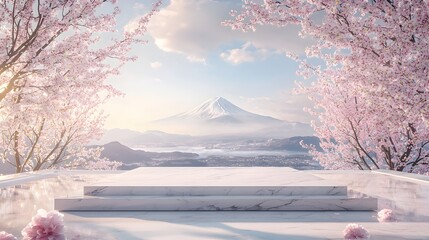Breathtaking landscape featuring the iconic Mount Fuji towering in the distance framed by a serene lake and a stunning display of cherry blossom trees in full bloom