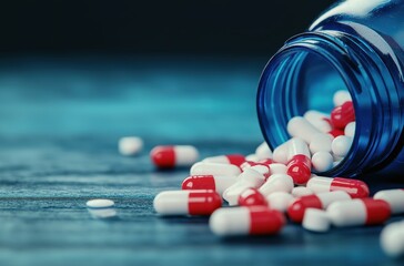 Close up shot of spilled or scattered medication capsules and tablets in various colors against a blue and grey background  Concept of healthcare pharmacy prescription drugs drug abuse
