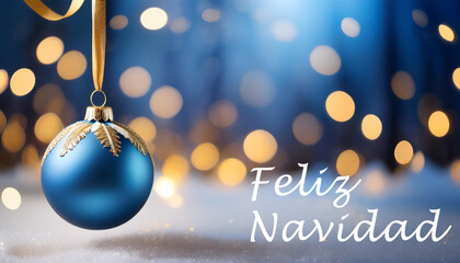 Una bola de Feliz navidad dorada colgando de una cinta dorada sobre un fondo decorativo desenfocado