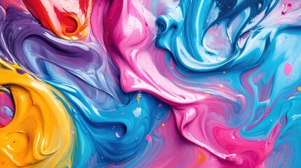 Obraz premium Vibrant paint swirls and splashes create a dynamic and colorful fluid background with twisting curves and movements
