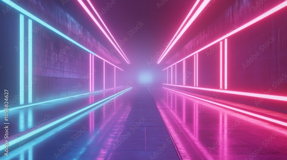 Poster 3d render of an abstract minimal background featuring glowing lines a blank space and neon lights in