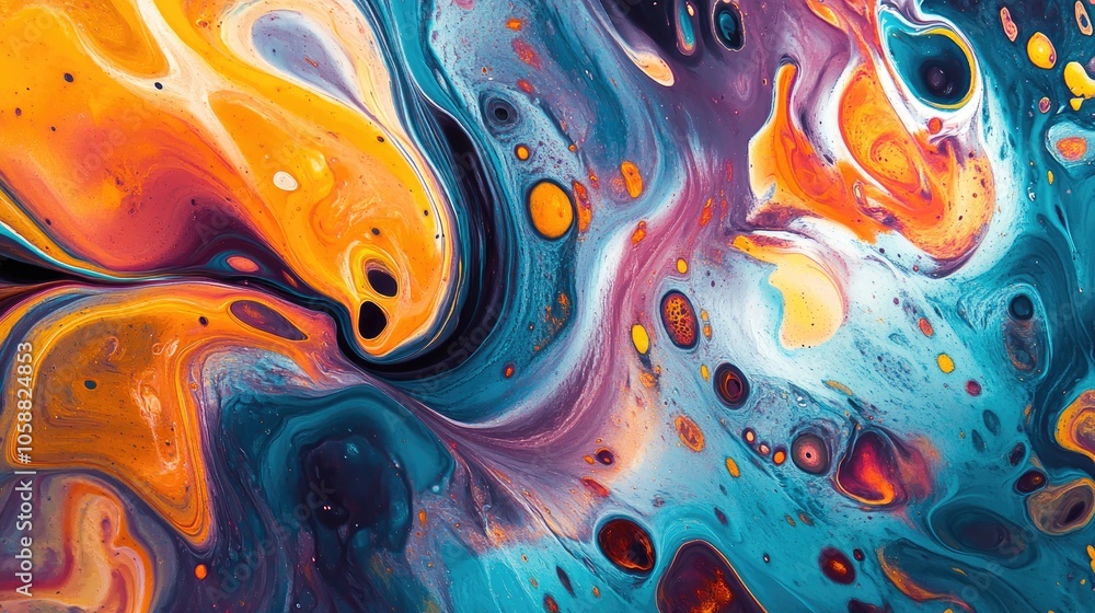 Poster vibrant paint swirls and splashes create a dynamic and colorful fluid background with twisting curve