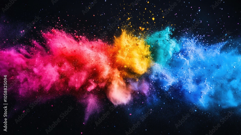 Poster vibrant powder burst on a solid backdrop creating an abstract splash effect