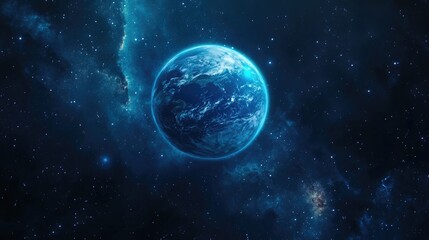 Fototapeta premium Stunning depiction of a vibrant blue planet featuring land ocean and clouds against a starry backdrop viewed from space highlighting the beauty of life amidst a stellar nebula