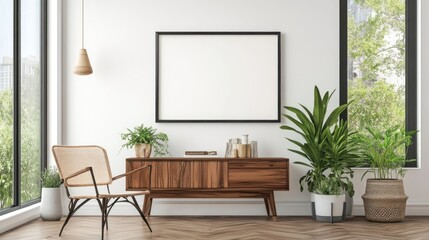 Black wood frame displayed on a white wall perfect for showcasing artwork. The black wood frame enhances any artwork while providing a stylish means of presentation with ample copy space.